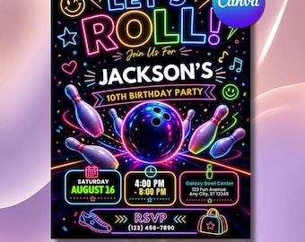 Neon Bowling Birthday Invitation, Glow Party Flyer Template (Digital Download)