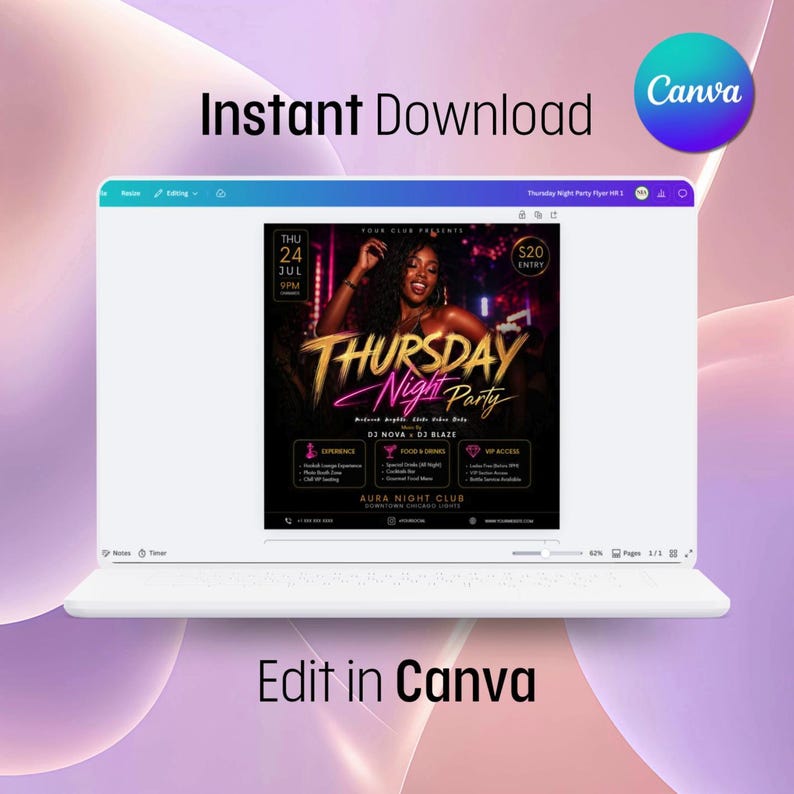 Thursday Night Party Flyer Template, Gold Pink Neon Club Invitation