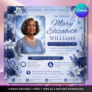 Light Blue Funeral Announcement Flyer, Heavenly Sky Celebration of Life Invite Canva Template, Blue Rose Lilies Dove Memorial Card