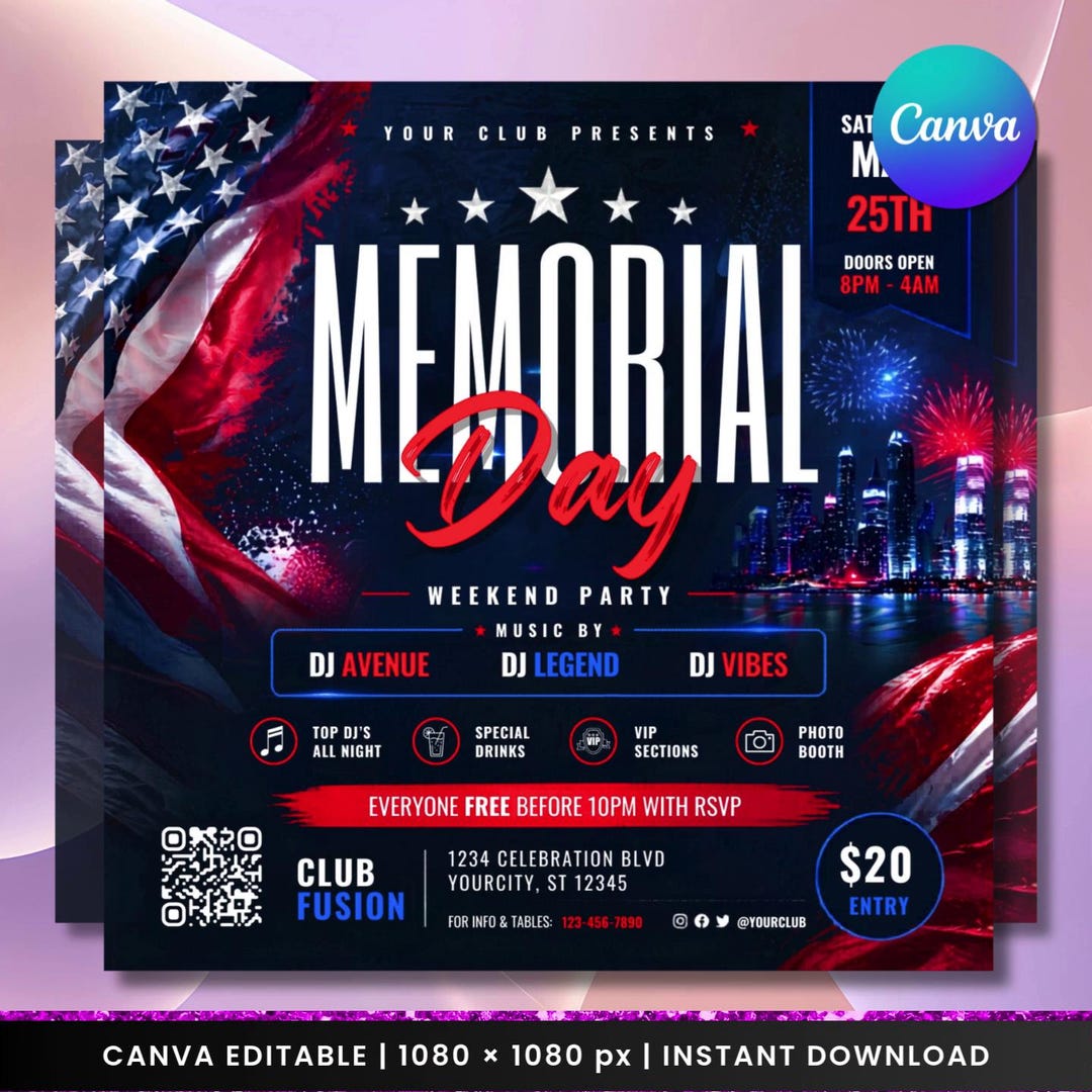 Memorial Day Party Flyer | Patriotic Club Event Template (digital ...