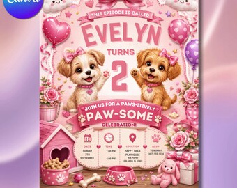 Pink Puppy Birthday Invitation Canva Template, Cute Puppy Dog 2nd Birthday Flyer, Paw-some Girl Party Invite, 8.5x11 Printable