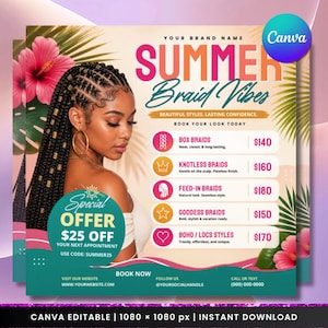 Summer Braid Flyer, Tropical Hair Stylist Menu, Canva Editable Template (Digital Download)