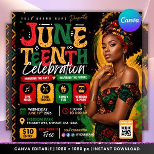 Puede incluir: Un cartel promocional para una celebración del Juneteenth. El diseño presenta las palabras "June Teenth Celebration" en rojo, verde y amarillo. Incluye detalles del evento como música en vivo, food trucks y diversión familiar. Una mujer con un pañuelo en la cabeza aparece en el lado derecho.