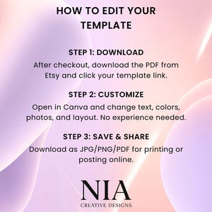 May include: A graphic with instructions on how to edit a template. The text reads "HOW TO EDIT YOUR TEMPLATE" followed by three steps: Download, Customize, and Save & Share. The NIA Creative Designs logo is at the bottom.