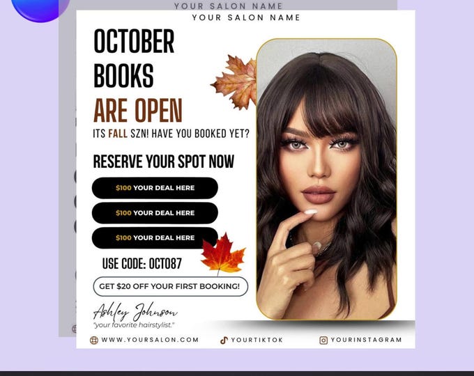 October Booking Flyer – Editable Canva Template – Fall Salon & Beauty Promotion – Digital Download