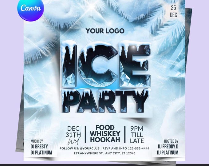 Ice Party Flyer – Editable Canva Template – Winter Night Party Flyer – Club Event Promotion – Digital Download