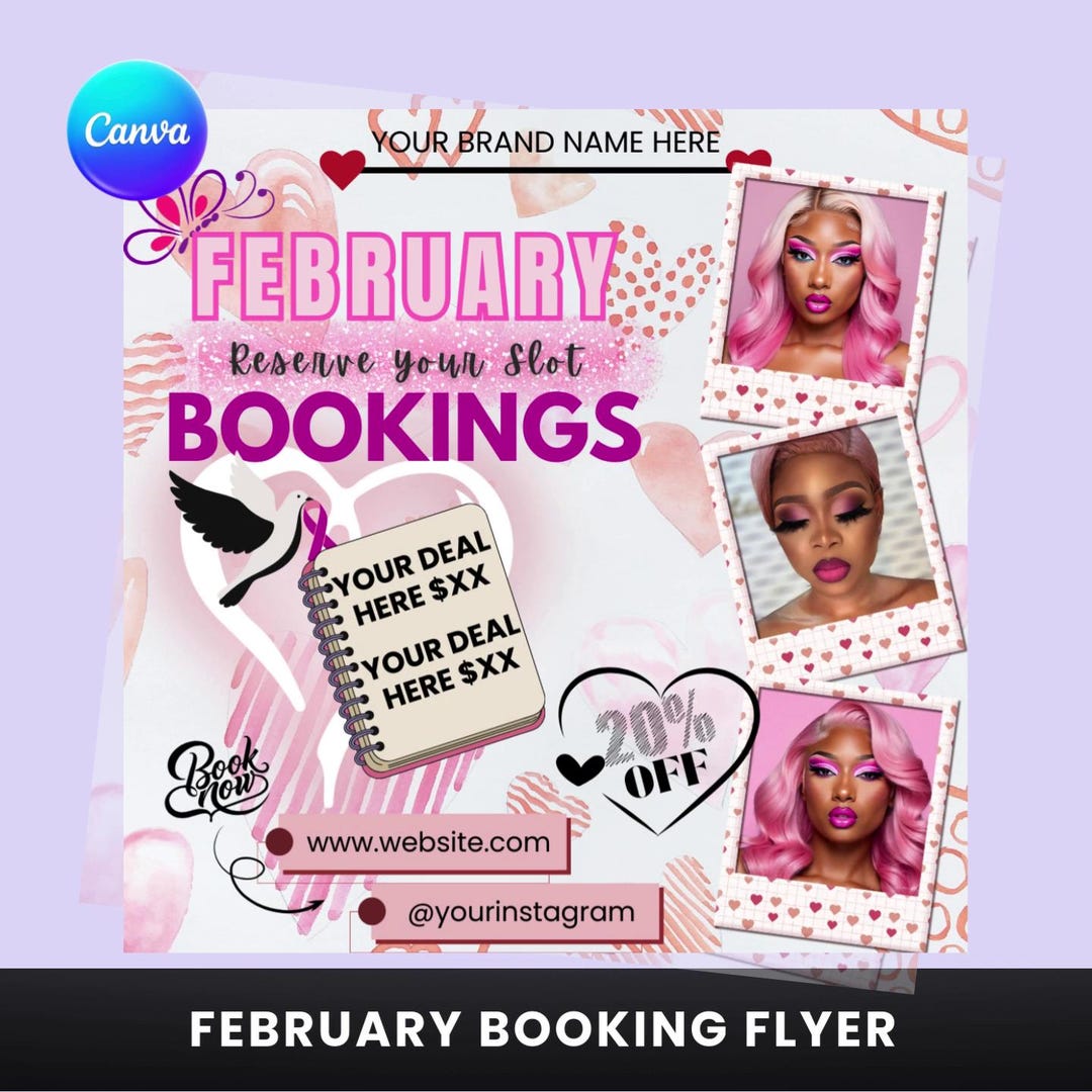 February Booking Flyer Canva Template | February Beauty Bookings ...