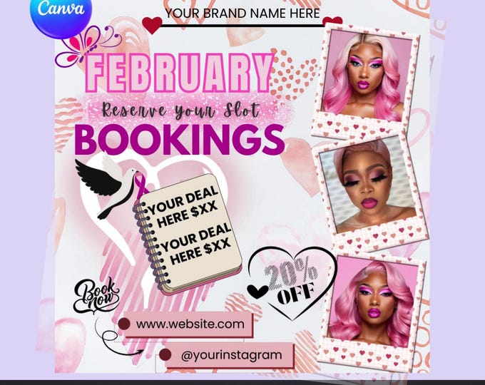 February Booking Flyer Canva Template | February Beauty Bookings | Editable Salon Flyer | Pink Booking Flyer