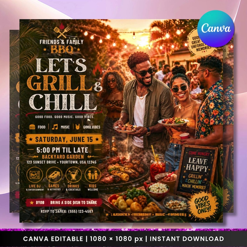 May include: A flyer for a Friends & Family BBQ event with the text "Let's Grill & Chill". The flyer includes images of people, food, and drinks. Details include the date, time, location, and RSVP information. The flyer is Canva editable.
