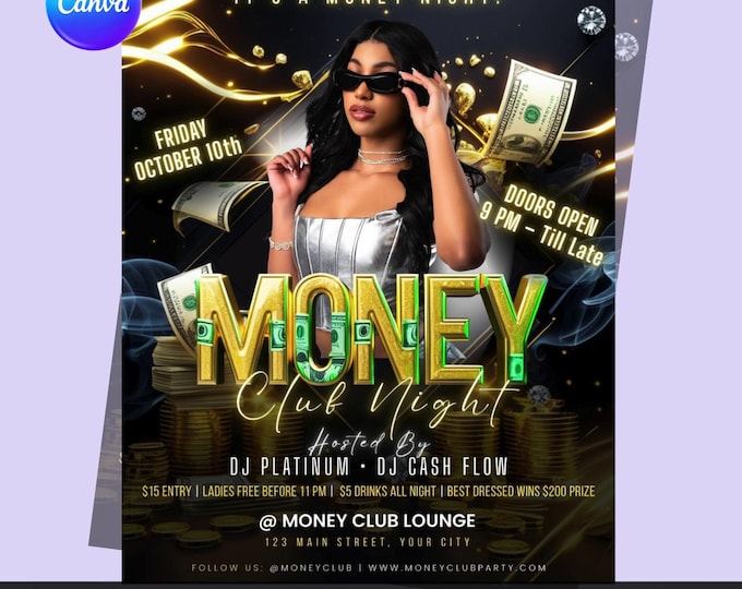 Money Club Flyer – Editable Canva Template | Club Party Night Event Digital Download