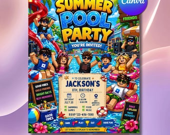 Bloxy Pool Party Birthday Invitation, Kids Game Swim Flyer (Digital Download)