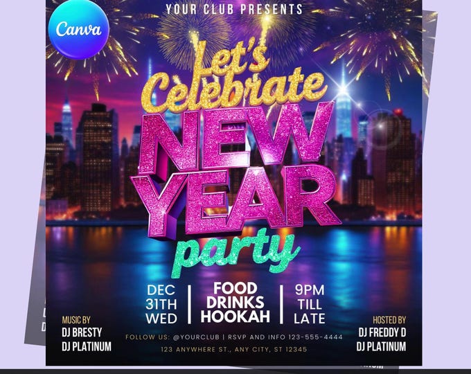 Pop the Bubbly! High-Energy New Year Party Flyer Canva Template – Instant Digital Download