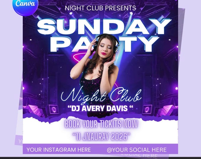 Sunday Party Flyer Canva Template | Night Club Party Flyer | DJ Event Flyer | Editable Club Booking Flyer