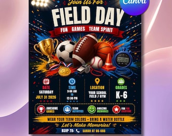 Invitación para jornada deportiva, folleto para evento atlético escolar, plantilla de Canva (descarga digital)