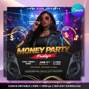 Puede incluir: Un folleto promocional para una "Money Party" un viernes por la noche, con una mujer con gafas de sol y una chaqueta de cuero negra. El folleto incluye texto como "Food, Drinks, Music", "June 11th" y "Free Parking". El fondo tiene un tema de discoteca.