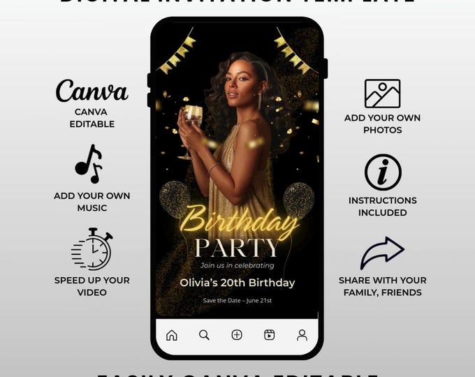 Birthday Party Video Invitation – Editable Canva Template – Glam Digital Invite – MP4 Download
