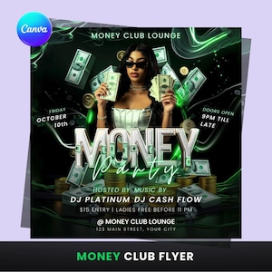 Peut inclure: Flyer promotionnel pour un événement "Money Party". La conception présente une femme tenant de l'argent, avec des piles d'argent et des billets de banque en arrière-plan. L'annonce comprend des détails sur l'événement tels que la date, l'heure et le lieu.