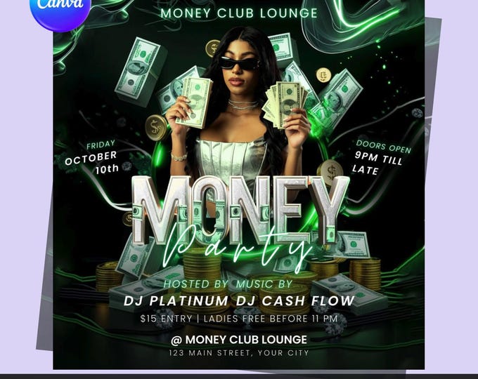 Money Club Party Flyer: Editable Canva Template (Digital Download)