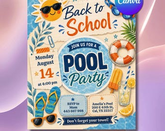 Back to School Pool Party Invitation, 2026-2027 Academic Year Splash Invite (Digital Download)
