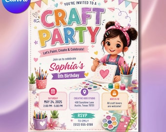 Craft Party Birthday Invitation Canva Template, Kids Art Event Flyer Editable (Digital Download)