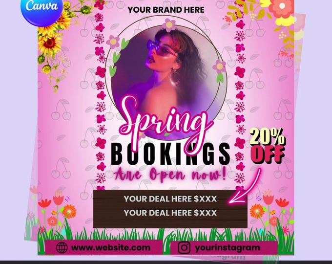 Spring Booking Flyer Canva Template | Spring Sale Flyer | Editable Beauty Salon Booking Flyer | 20% Off Promo