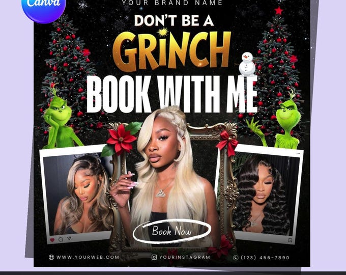 Don’t Be a Grinch Flyer – Editable Canva Template | Hair Stylist & Beauty Salon Promo | Digital Download