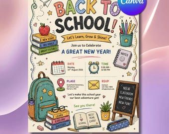 Back to School Adventure Invitation Flyer, Canva Template (Digital Download)