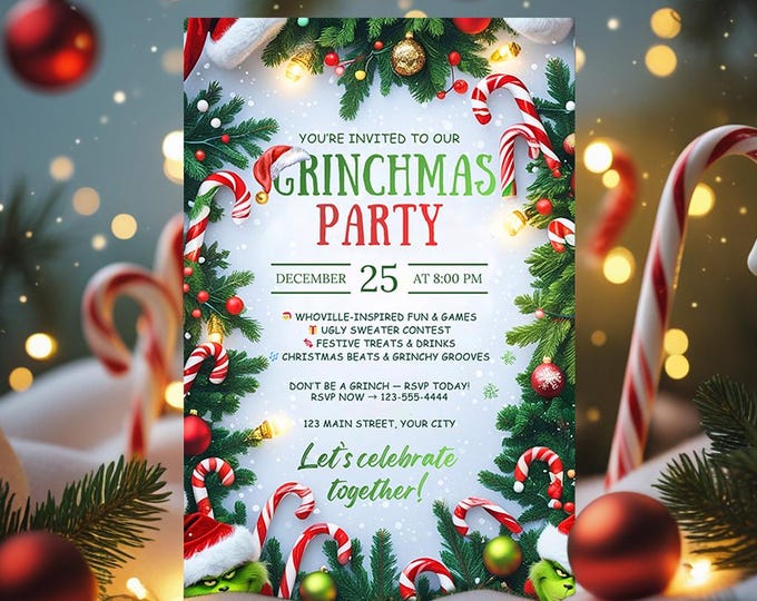 Grinchmas Party Flyer – Editable Canva Template | Christmas Party Invitation | Digital Download