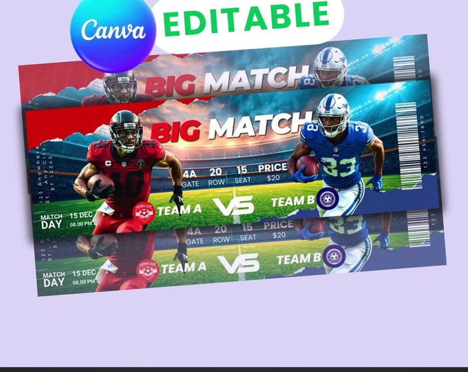 Football Ticket Template – Editable Canva Sports | Big Match Event Ticket | Digital Download