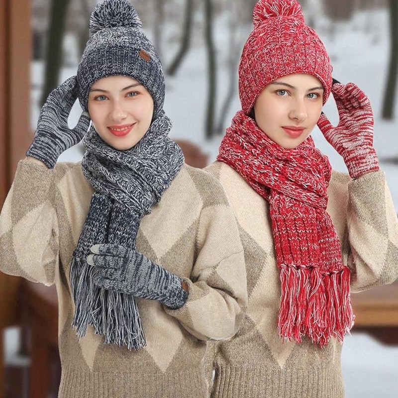 Strick Mtze Schal Handschuhe Schal Mtze Handschuhe Set Damen - Weiches  Thermo Winterset 3-in-1, Winddicht & Kuschelig Fr Kalte Tage