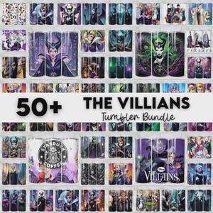 Op de afbeelding: Een verzameling van meer dan 50 bekers met verschillende Disney-schurken. De bekers tonen kleurrijke ontwerpen van personages als Maleficent en de Boze Koningin. De tekst "50+ THE VILLAINS Tumbler Bundle" is prominent aanwezig.
