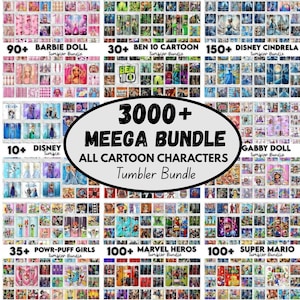 Op de afbeelding: Een verzameling tumblerontwerpen met verschillende stripfiguren. De afbeelding toont een verscheidenheid aan ontwerpen, waaronder Barbie, Ben 10, Disney-personages, Gabby Doll, Powerpuff Girls, Marvel Heroes en Super Mario. De tekst luidt "3000+ MEEGA BUNDLE ALL CARTOON CHARACTERS Tumbler Bundle."