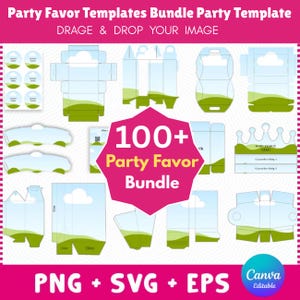 May include: A collection of party favor templates in various shapes, including boxes, tags, and labels. The designs feature a sky and grass theme. The image includes the text "100+ Party Favor Bundle" and "PNG + SVG + EPS".