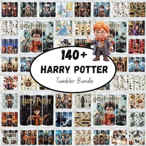 Może przedstawiać: Kolekcja kubków z motywem Harry'ego Pottera, przedstawiająca różne postacie i sceny z serii. Obraz zawiera figurkę 3D Harry'ego Pottera. Tekst na obrazie brzmi "140+ Harry Potter Tumbler Bundle."