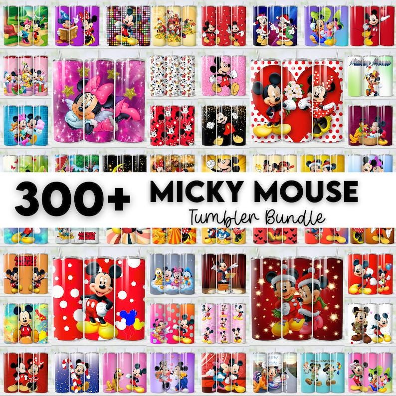 Op de afbeelding: Een verzameling diverse bekers met Mickey Mouse en Minnie Mouse ontwerpen. De bekers tonen een reeks kleuren, patronen en thema's, waaronder stippen, harten en vakantiemotieven. De tekst "300+ MICKY MOUSE Tumbler Bundle" is zichtbaar.