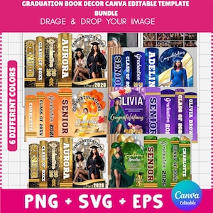 Puede incluir: Un paquete de plantillas editables de decoración de libros de graduación de Canva. El diseño presenta varias plantillas con forma de libro con temas de graduación, incluido el texto "Senior" y "Clase de 20XX", e imágenes de graduados.