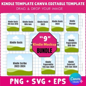 May include: A digital template bundle for Kindle devices. The image features a pink and white background with several product mockups, including Kindle Basic, Oasis, and Paperwhite models. Text includes "Kindle Template Canva Editable Template" and "Drag & Drop Your Image."