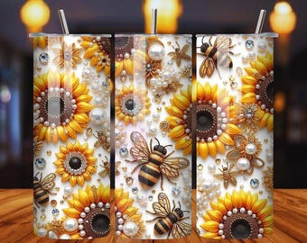 Envoltura para vaso con diseño de panal de abeja PNG: Diseño floral con brillo por sublimación (descarga digital)