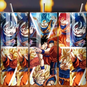 Puede incluir: Un juego de tres vasos de acero inoxidable con diseños de personajes de anime coloridos. Cada vaso presenta un personaje diferente en varias poses de acción, con vibrantes tonos azules, naranjas y amarillos. Los vasos incluyen una pajita y una tapa.
