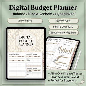 May include: A digital budget planner displayed on two tablets. The planner includes sections for monthly budgets, expense tracking, and savings. Text on the image includes "Digital Budget Planner," "Undated," and "Instant Download."