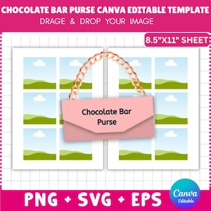 May include: A pink Canva template for a chocolate bar purse design. The template features a pink purse graphic with the text "Chocolate Bar Purse" and a gold chain handle. The design is on an A4 sheet with multiple image placeholders.