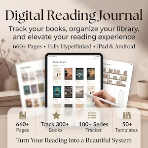 Op de afbeelding: Advertentie voor een digitaal leesdagboek. De afbeelding toont een tablet met een boekbibliotheekinterface, met een stylus. De tekst benadrukt functies zoals 660+ pagina's, volledig hyperlinked en iPad & Android compatibiliteit.