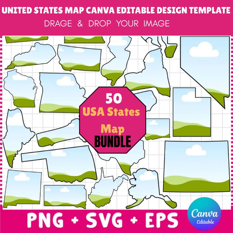 United States Map Canva Template Editable | Fill Your Own 50 States USA ...