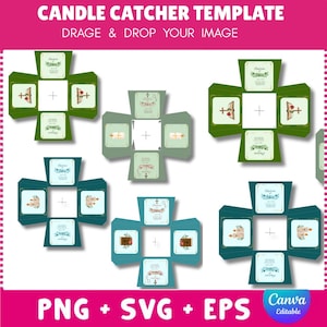 Puede incluir: Una plantilla para atrapa velas, con un diseño en forma de cruz con elementos decorativos y texto. El diseño está disponible en formatos PNG, SVG y EPS, y es editable en Canva. El texto en la parte superior dice "CANDLE CATCHER TEMPLATE" y "DRAGE & DROP YOUR IMAGE."