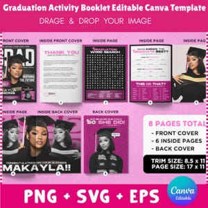 Peut inclure: Modèle de livret d'activités de remise de diplômes, modifiable dans Canva, avec un design rose et blanc. Il comprend une couverture, des pages intérieures avec des jeux et une couverture arrière. Dimensions : 21,6 x 27,9 cm.