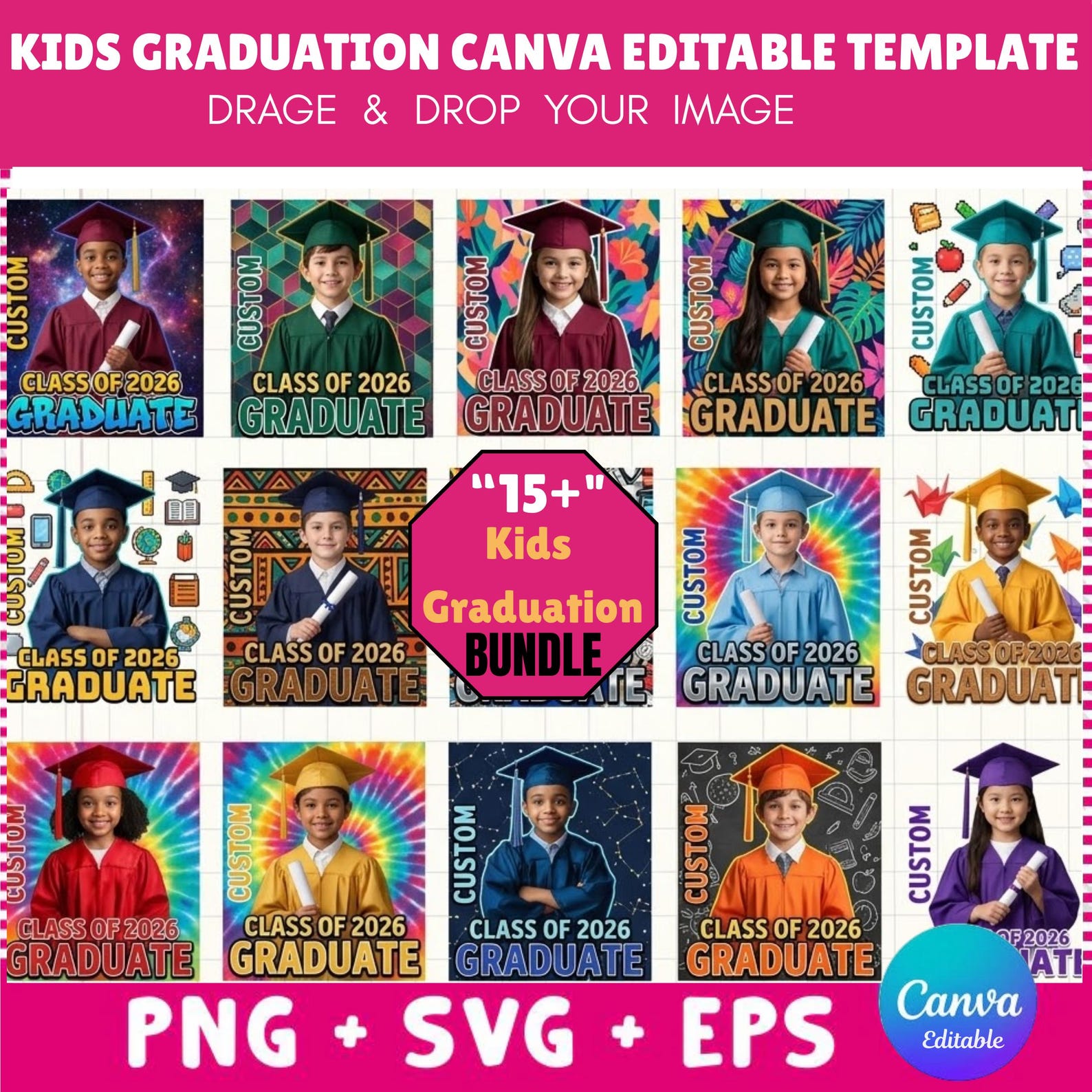 Kids Graduation Fan Templates | Class of 2026 Editable Canva Bundle ...