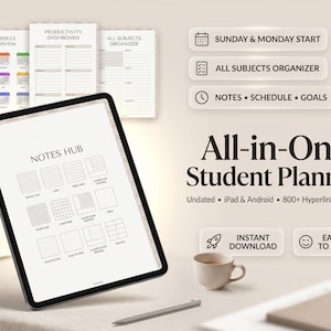 Puede incluir: Un planificador estudiantil todo en uno que se muestra en una tableta, con una descripción general del horario, un panel de productividad y un organizador de materias. El planificador incluye un centro de notas, no tiene fecha, es compatible con iPad y Android y tiene más de 800 páginas con hipervínculos.