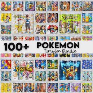 Op de afbeelding: Een verzameling Pokemon-thema bekers, met verschillende karakters en ontwerpen. De afbeelding toont een verscheidenheid aan kleurrijke, ge&iuml;soleerde drinkwaren, met de tekst "100+ Pokemon Tumbler Bundle" prominent weergegeven. De bekers zijn op planken gerangschikt.