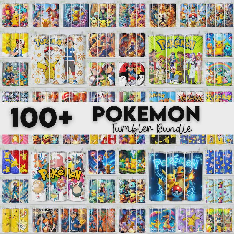 Op de afbeelding: Een verzameling Pokemon-thema bekers, met verschillende karakters en ontwerpen. De afbeelding toont een verscheidenheid aan kleurrijke, ge&iuml;soleerde drinkwaren, met de tekst "100+ Pokemon Tumbler Bundle" prominent weergegeven. De bekers zijn op planken gerangschikt.