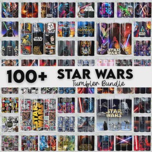 Op de afbeelding: Een verzameling Star Wars-thema bekers, met verschillende personages en sc&egrave;nes uit de franchise. De afbeelding toont een breed scala aan ontwerpen, waaronder Darth Vader, Stormtroopers en iconische logo's. Tekst op de afbeelding luidt "100+ Star Wars Tumbler Bundle."